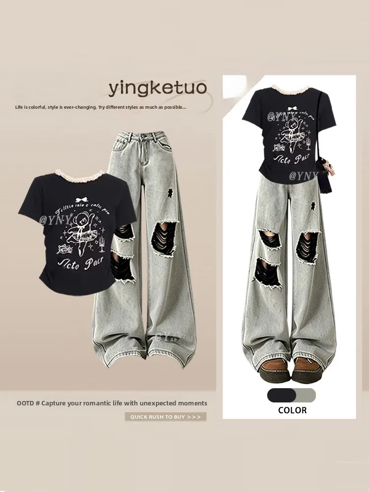 

American Design Sweet Girl Cartoon Print Short Sleeve Top And Hole Denim Pants Two Piece Set Summer Fashion Casual Wear