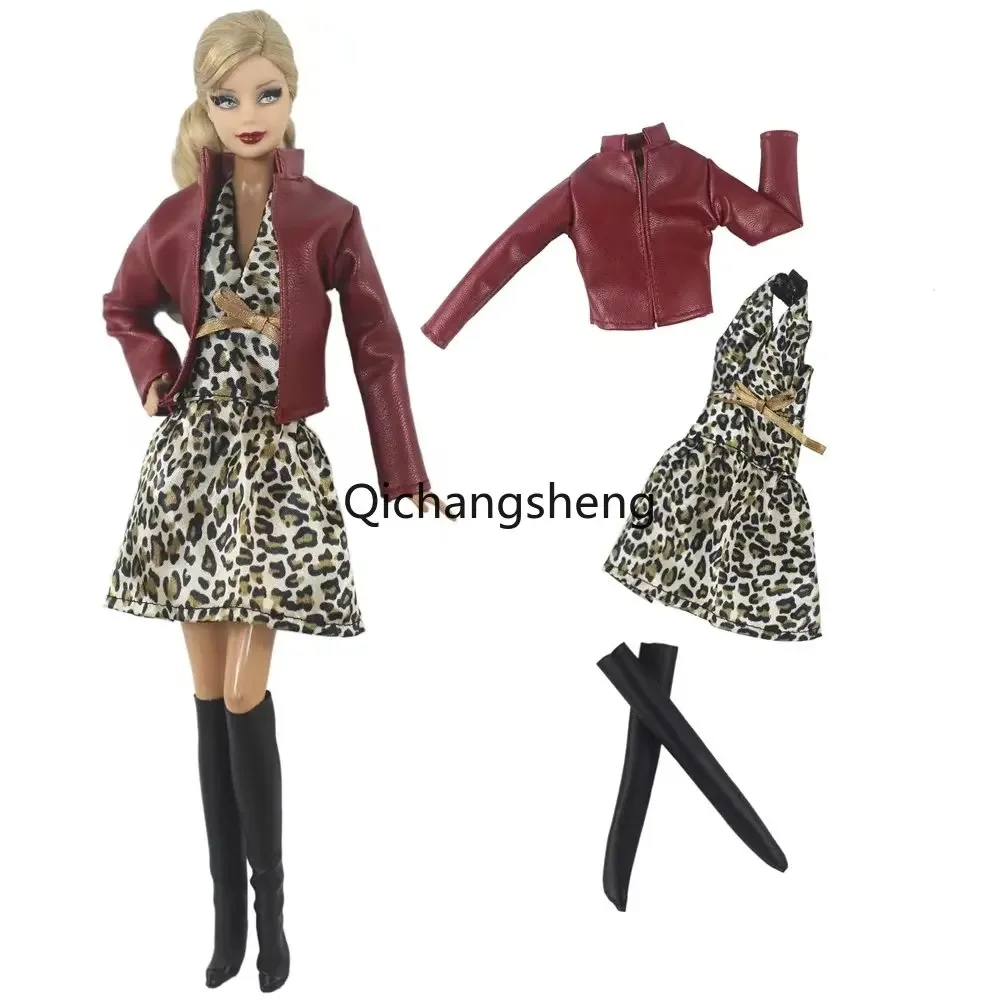 

Wine Leather Coat Jacket Leopard Dress 1/6 BJD Doll Clothes For Barbie Outfits Set Boots Shoes 11.5" Dolls Accessories Toy Gift