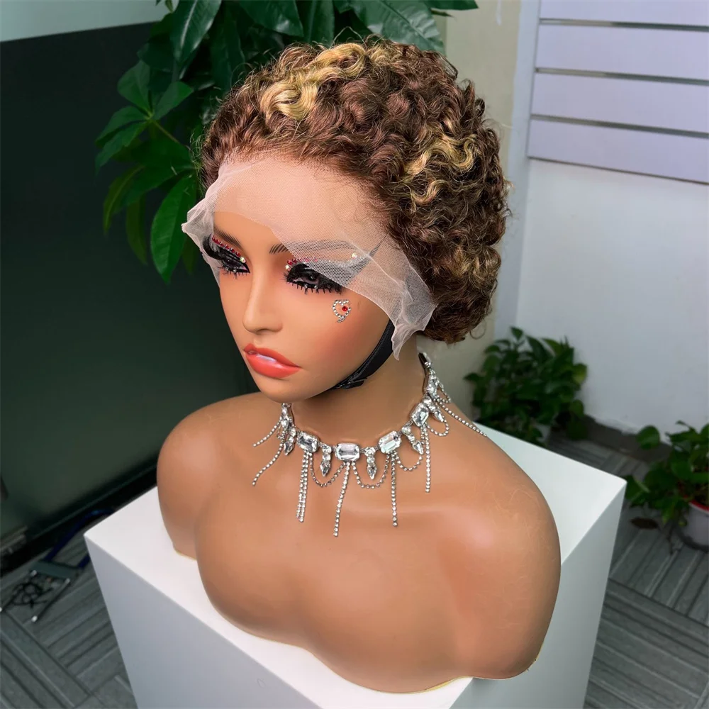 باروكة شعر حقيقية 100%، دانتيل أمامي 13x4 شعر مجعد قصير، غطاء رأس كامل للشعر الحقيقي، شعر قصير مموج ملفوف على الجانب، نمط نسائي