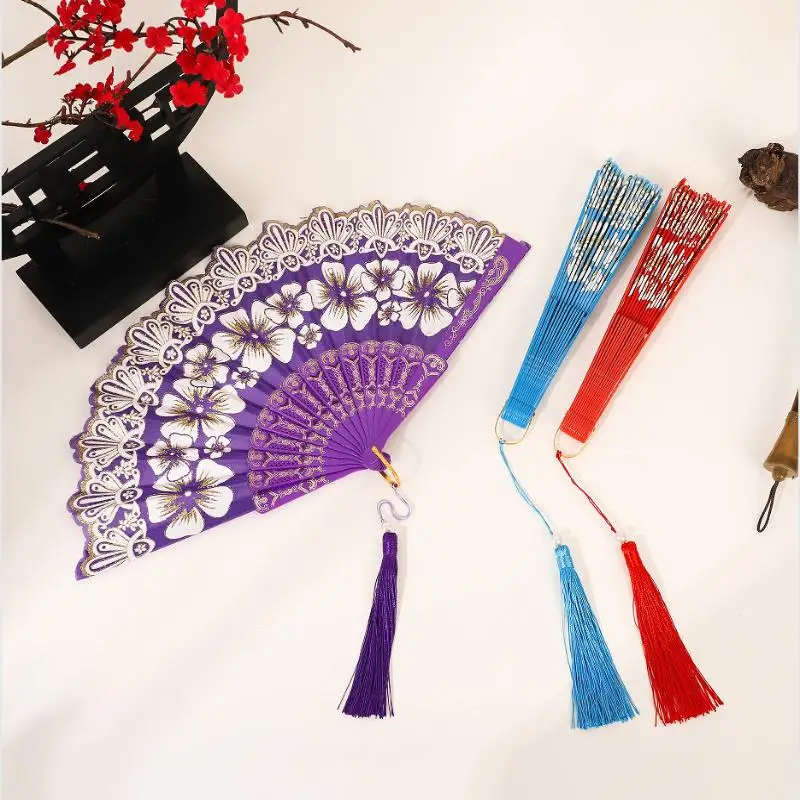[F] Chinese-Style Flowers Folding Fan For Performances & Hanfu Photos With Elegant Floral & Pearl Tassels Design Festive Decor