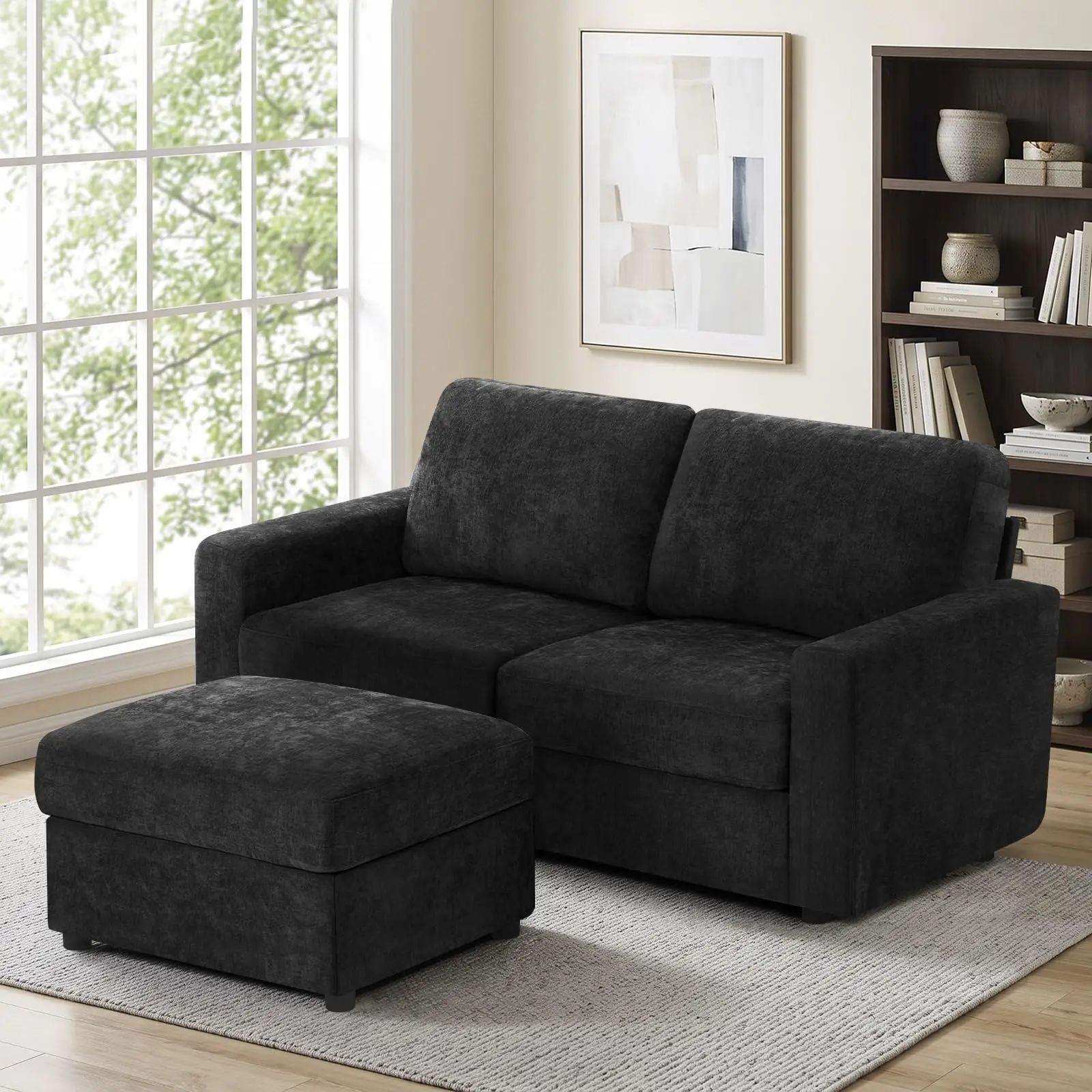 69” Chenille Loveseat Couch W/Movable Ottoman, Black
