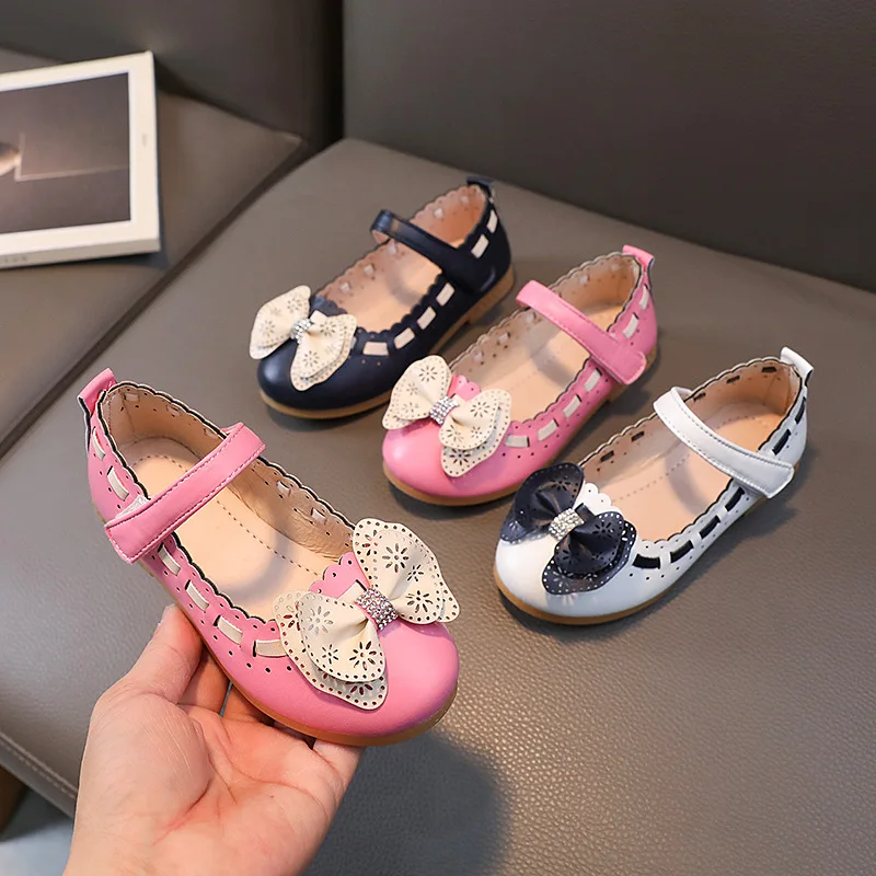 

New 2024 Solid Color Mary Janes Kids Shoes for Girls Flats Bow Beading PU Leather Princess Shoes Girl Baby Toddlers Size 21-36