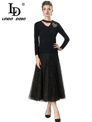 LD LINDA DELLA Women's Party Suit Autumn and Winter Hollow Out Long-Sleeved Crystal Tops+Elastic Waist skirt Slim 2 piece set