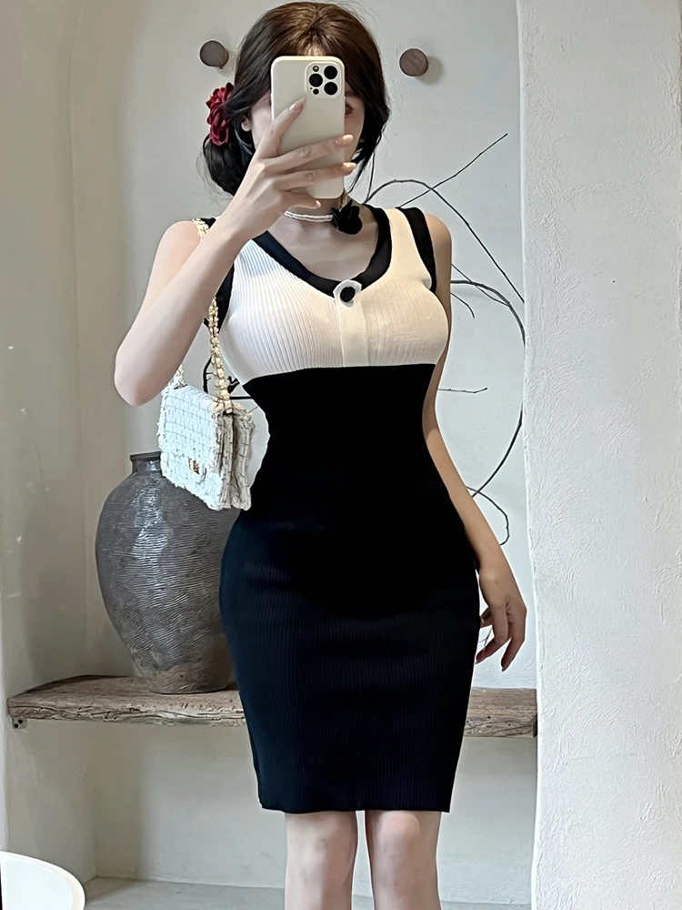 

Contrast Color Splicing Knit Elastic Bodycon Dress Sexy Women Summer Sleeveless Casual Slim Vest Mini Dress Vestidos