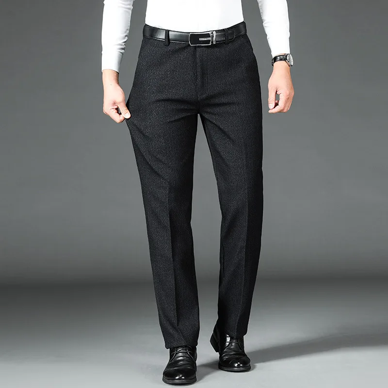 Warm Fleece Black Winter Casual Pants Men Clothing Flat Business Suit Trousers for Men Autumn Straight Formal Dress Pants