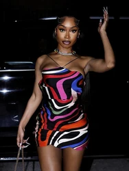 kliou Colorful Striped Print Mini Dress Women Unique Irregular Shape Spaghetti Strap Halter Bodycon Female Bandage Trend Vestido