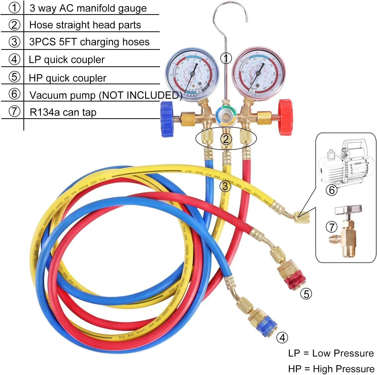 3 Way AC Manifold Gauge Set, HVAC Diagnostic Refrigerant Charging Tool Air Conditioning for Auto Household R404A R134a R12 R22