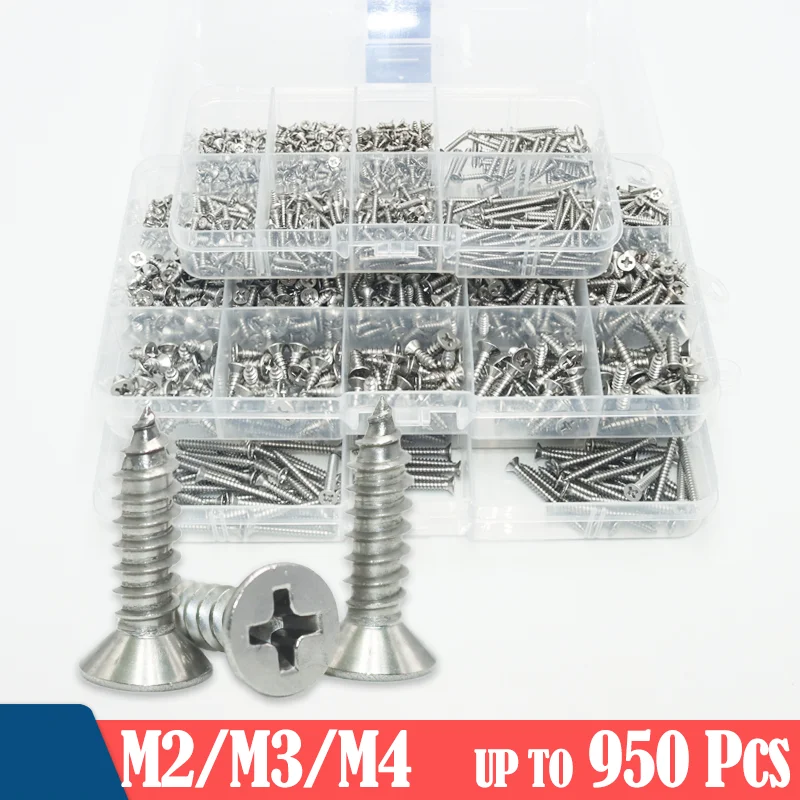 

950pcs A2 304 Stainless Steel Countersunk Head Tapping Screw M2 M3 M4 DIN7050 Cross Recessed Flat Head Self-Tapping Wood Screws