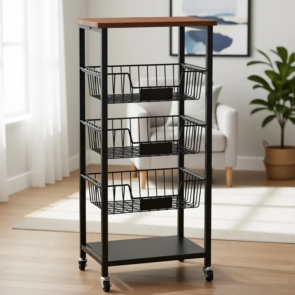 

5-ярусная передвижная кухонная тележка для хранения с металлическими корзинами и деревянной столешницей