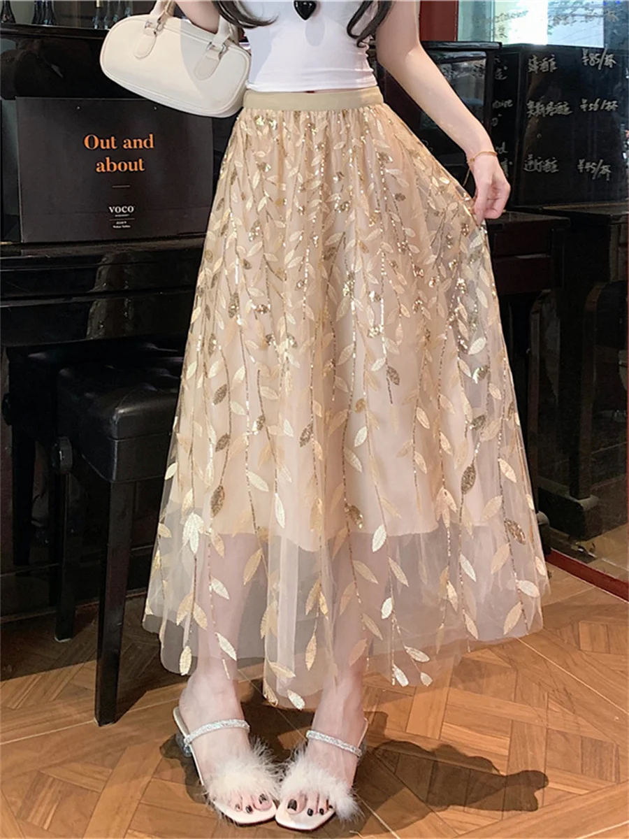 

New Fashion Sparkling Gold Leaf Embroidered Mesh Skirt Women's High Waist Sequins A-line Gauze Skirts Female Long Rope Mujer