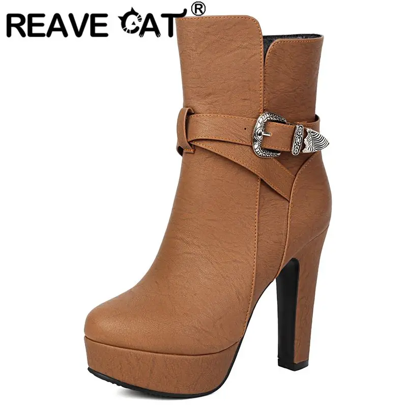 REAVE CAT Elegant Women Ankle Boots Round Toe 12cm High Heels 3cm Platform Zipper Belt Buckle Botas Plus Size 41 42 43 Autumn