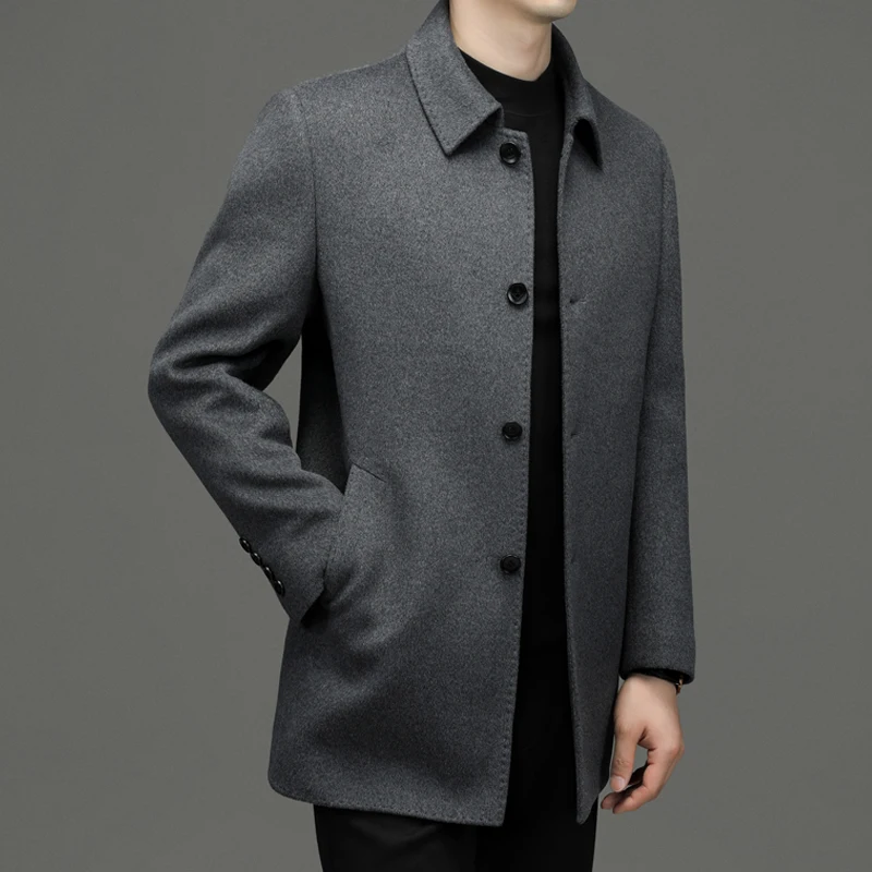 New Men\'s Fashion Cashmere Elegant Gentleman Business Solid Color Slim Casual Double-sided Cashmere Coat Medium Long Woolen Coat