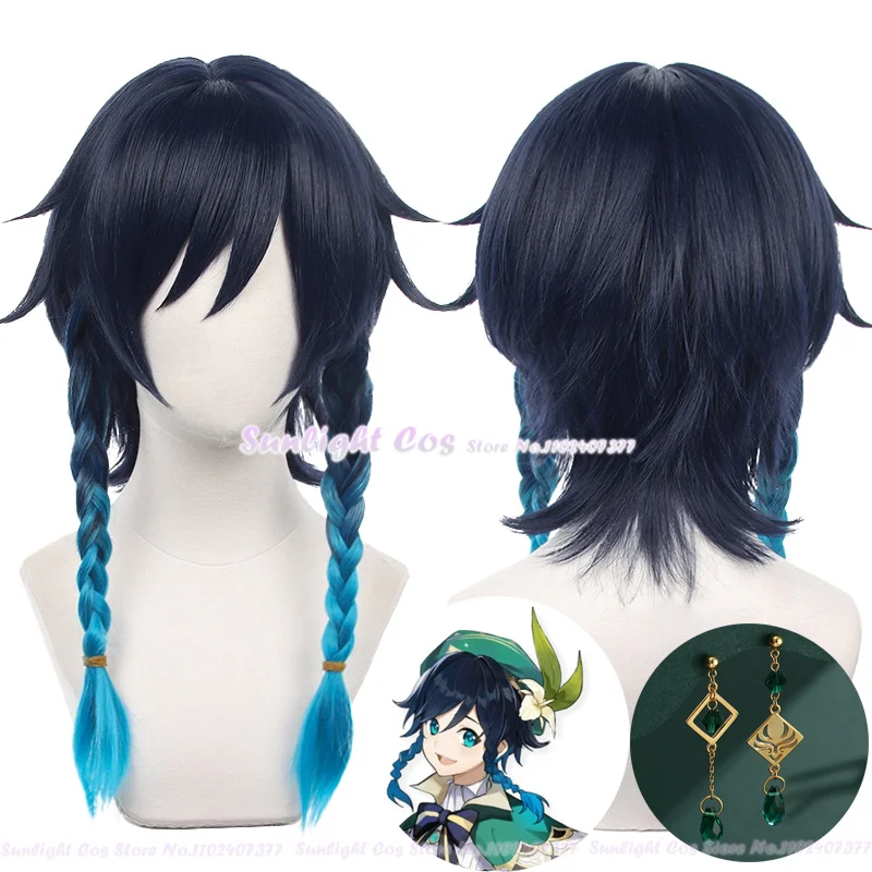 

Venti Cosplay Wig Short Blue Gradient Barbatos Cosplay Anime Wigs Heat Resistant Synthetic Hair Wigs + Wig Cap