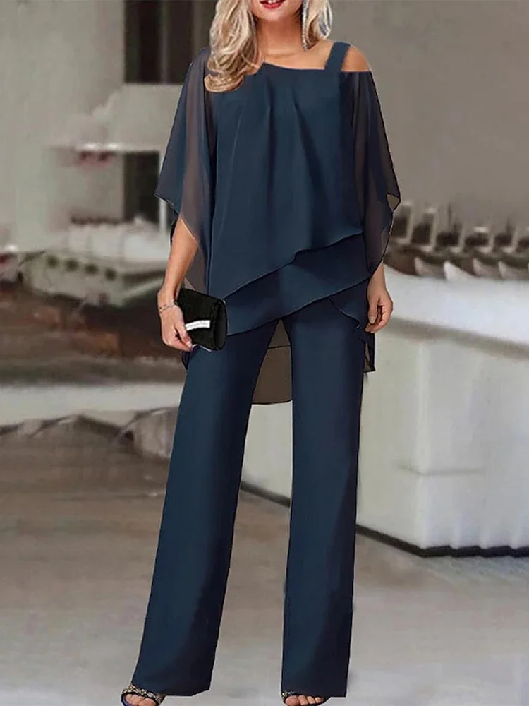 2024 Summer New Fashion Two Piece Set Solid Color Loose Relaxed Bat Sleeve Irregular Shirt High Waist Wide Leg Pants Elegant Set