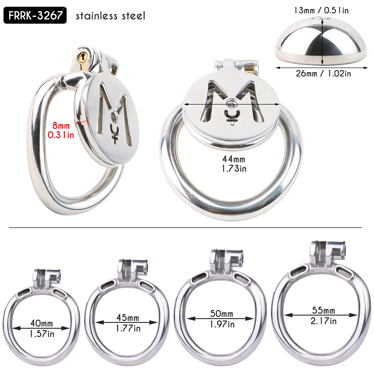 FRRK Flat M Male Chastity  Cage with Detachable Metal Urethral Sextoys for Man Stainless Steel Penis Lock BDSM Cock Rings Adults