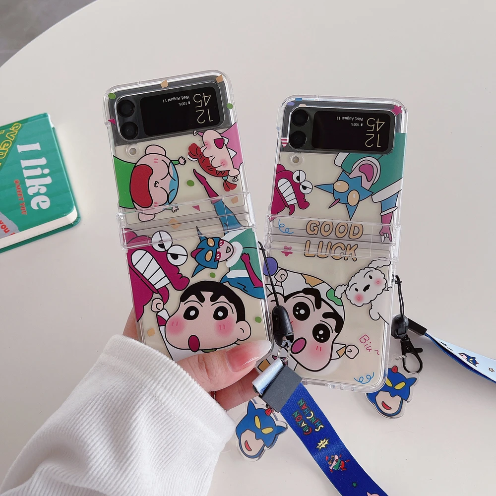 Cute Japan Anime Crayon Shin-chan Transparent Phone Case For Samsung Galaxy Z Flip 7 Hard PC Back Cover For Z Flip 6 5 4 3 Case
