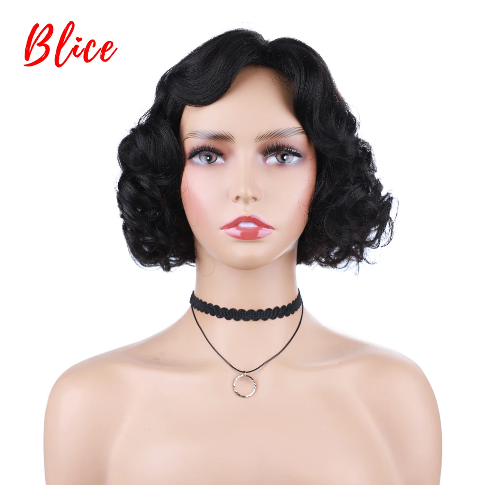 

Blice Synthetic Dancing Bancy Curly Side Part Bang Wigs Wavy Short Water Wave Black Brwon Mixed Hair Extensions