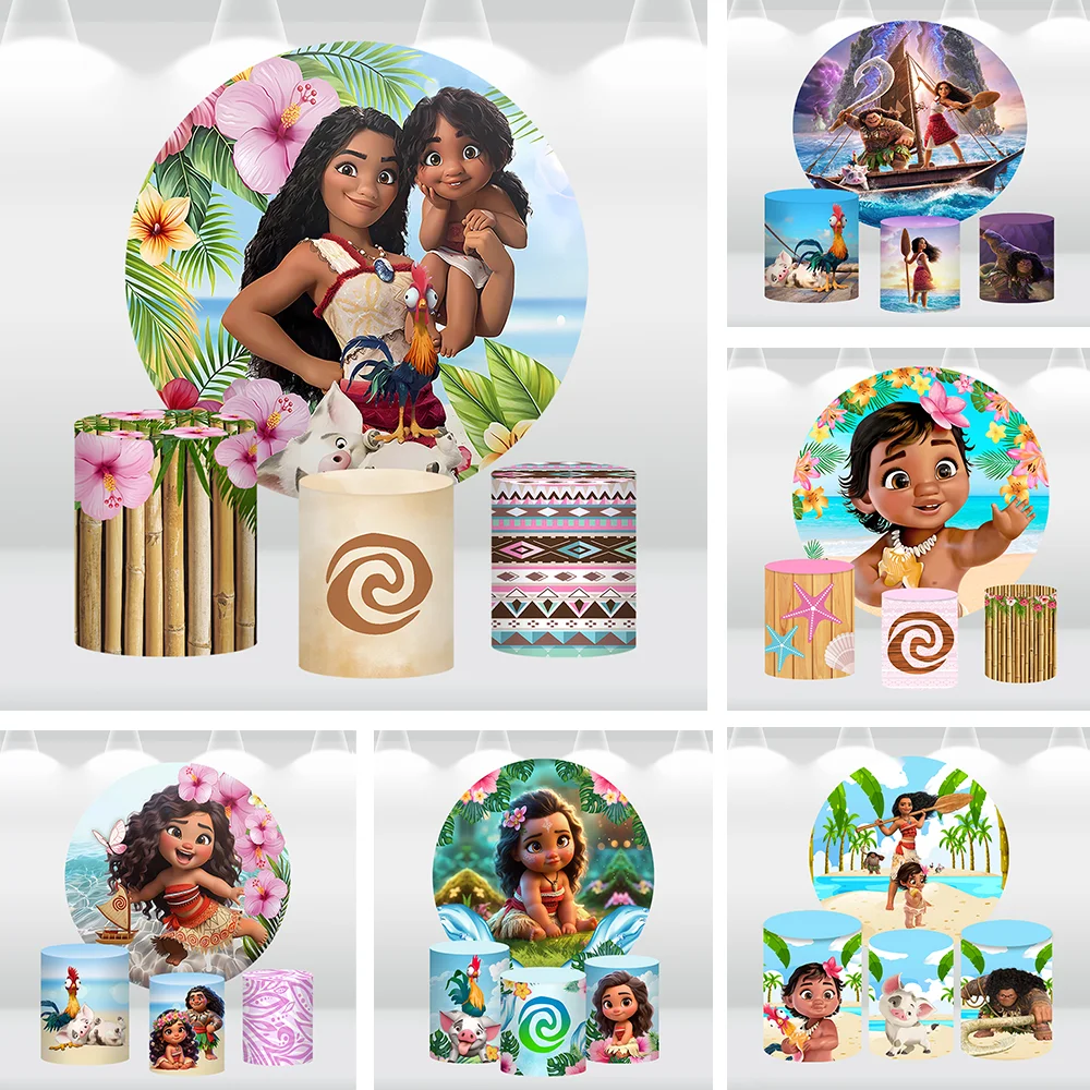 

Disney Round Backdrop Cover Moana Princess for Birthday Party Baby Shower Background Wall Vaiana Decorations Photobooth Props