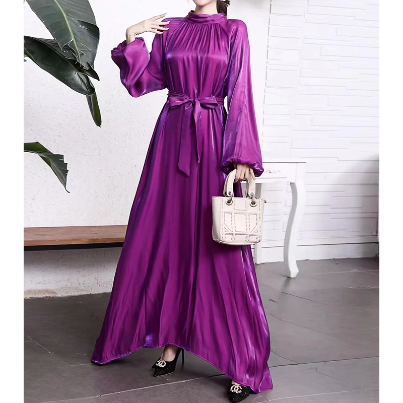 YZZ Muslim Woman Dress Middle East Dubai Abaya Lantern Sleeve Bright Silk Turkey Dresses 2022 Luxury Evening Dress