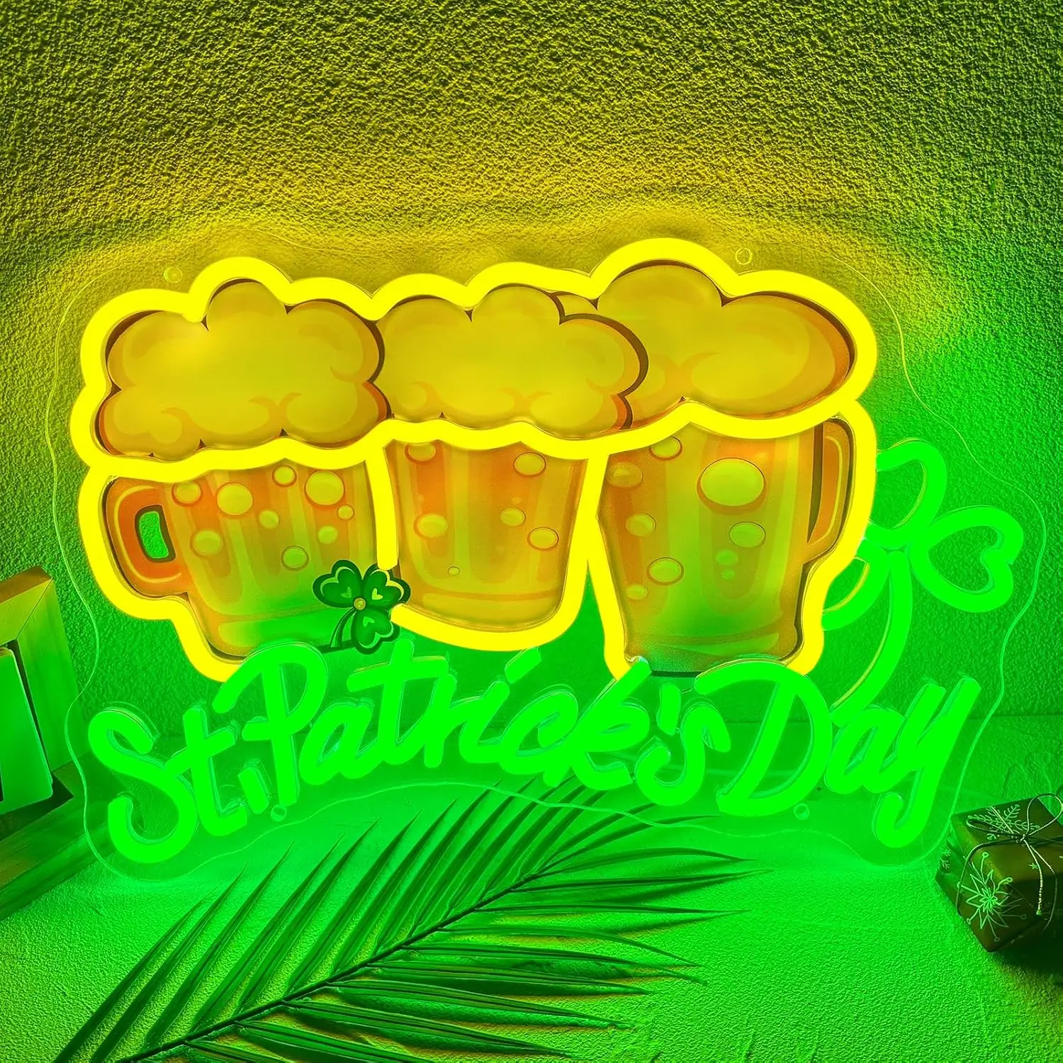 St.Patrick's Day Beer Mug Clover LED Neon Sign USB Neon Light Wall Lamp for Bar Gaming Room Bedroom Home Decor Christmas Gift