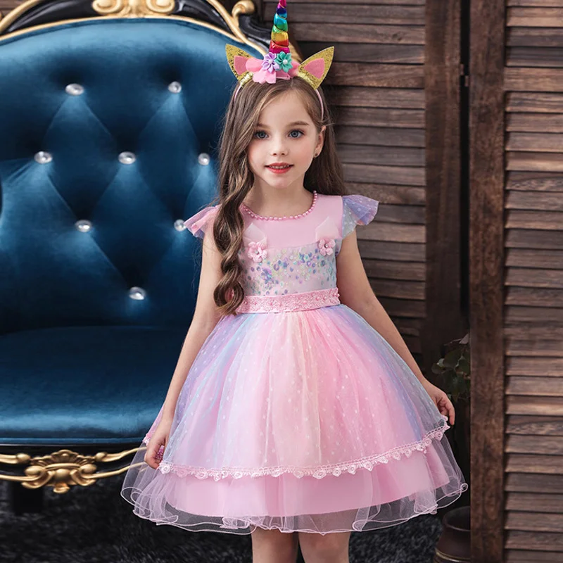 Embroidery Beaded Unicorn European Style Colorful Fluffy Festival Kids Dress For Girl Crew Neck Party Dresses 6 Month-5 Years