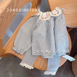 Girls' Small Fresh Plaid Shirt 2024 Early Autumn New Fashion Foreign Style T-shirt Top Spring and Autumn Suit