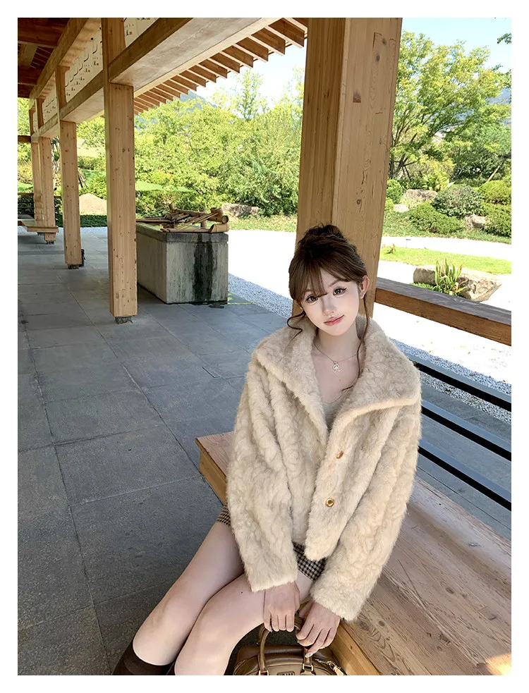 Korean Stand Collar Plush Jacket for Women Winter Thick Fluffy Cropped Faux Fur Coat Woman Loose Sweet Single Breasted Outerwear