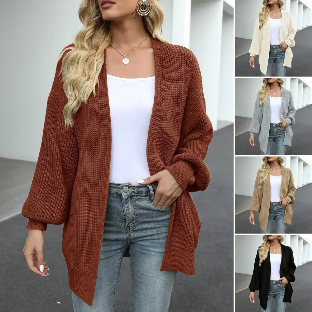 

Women Sweater Coat Collarless Lantern Long Sleeve Open Front Knitting Coat Solid Color Loose Fit Mid-length Outwear