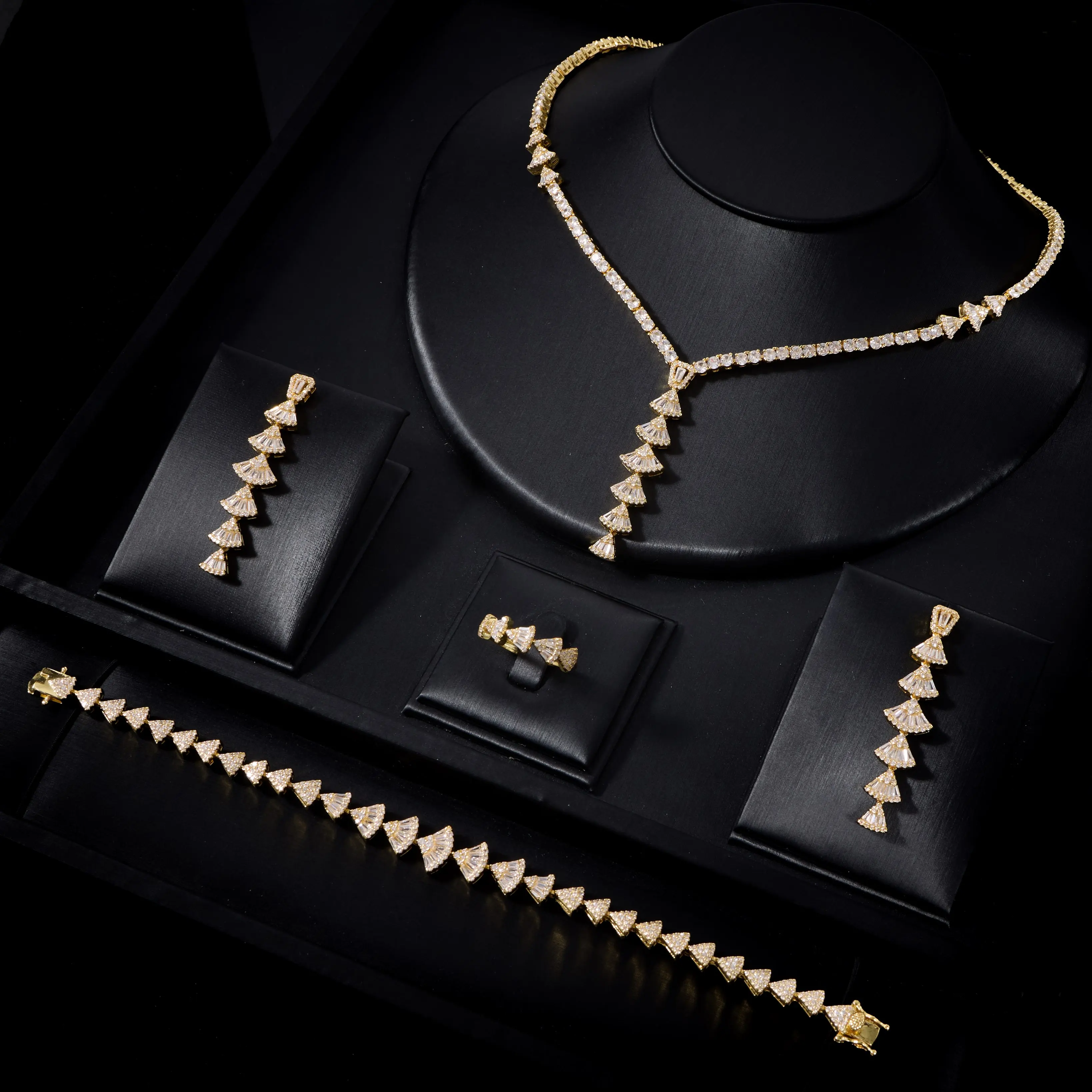 IN JEWELIFE Fan Shape CZ 4Pcs Jewelry Set Gold Color Women Bridal Wedding Necklace Earrings Ring Bracelet Dubai Nigerian Party S