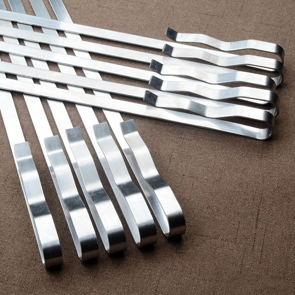 

10pcs Stainless Steel BBQ Skewers Heavy Duty Grilling Tools Silver Non Rust Food Safe Easy Clean Shrimp Kabob Sticks