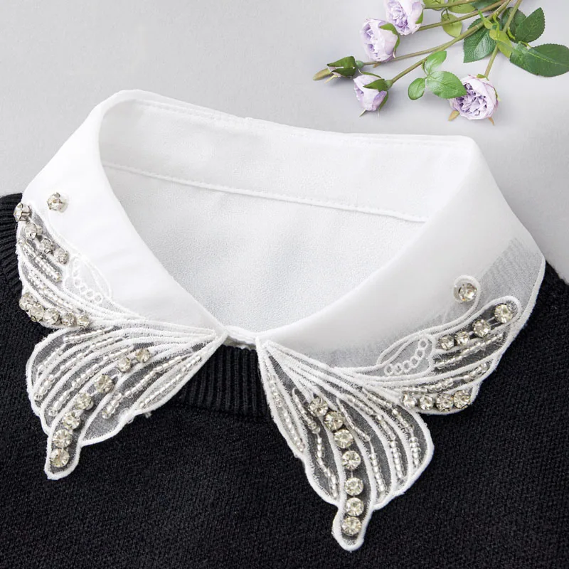 Elegant Beads Fake Collars Woman Vintage Half Shirt False Collar Woman Diamond Embroidery Detachable Collar Faux Col Accessories