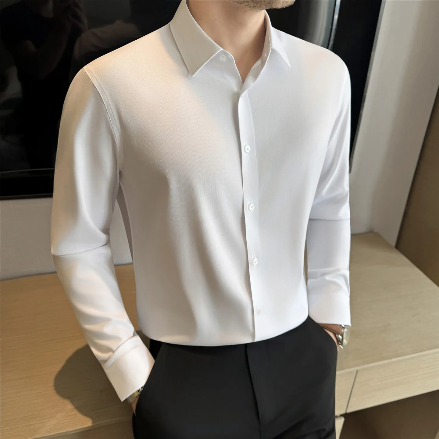 

Модальная однотонная рубашка с длинными рукавами для мужчин, бесшовная дышащая повседневная деловая классическая рубашка, универсальные рубашки для социальной формы