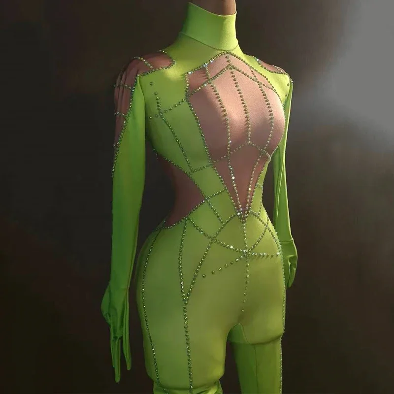 

Gogo Dance Costume Drag Queen Outfit White Green Rhinestones Jumpsuit Gloves Sexy Halloween Nightclub Ds Stage Rave Wear