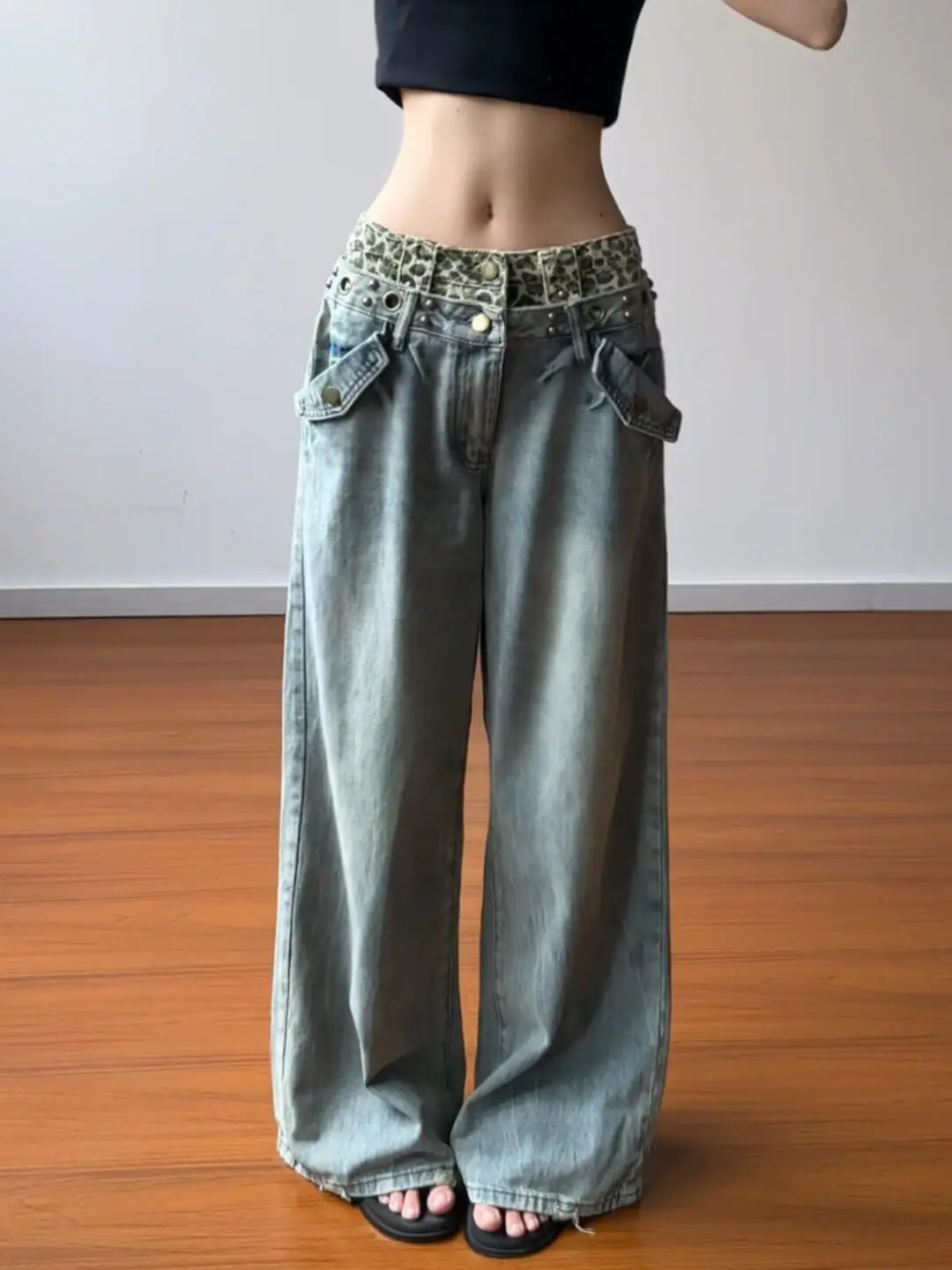 

Cool Girl American Style Leopard Print Patchwork Jeans Women Summer Loose Slimming Straight Leg Wide Leg Long Pants