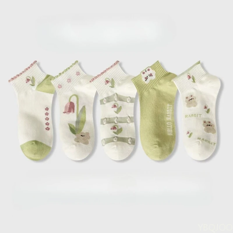 5 pairs of women's spring summer thin floral sweet short socks cute cartoon small fresh comfortable casual socks