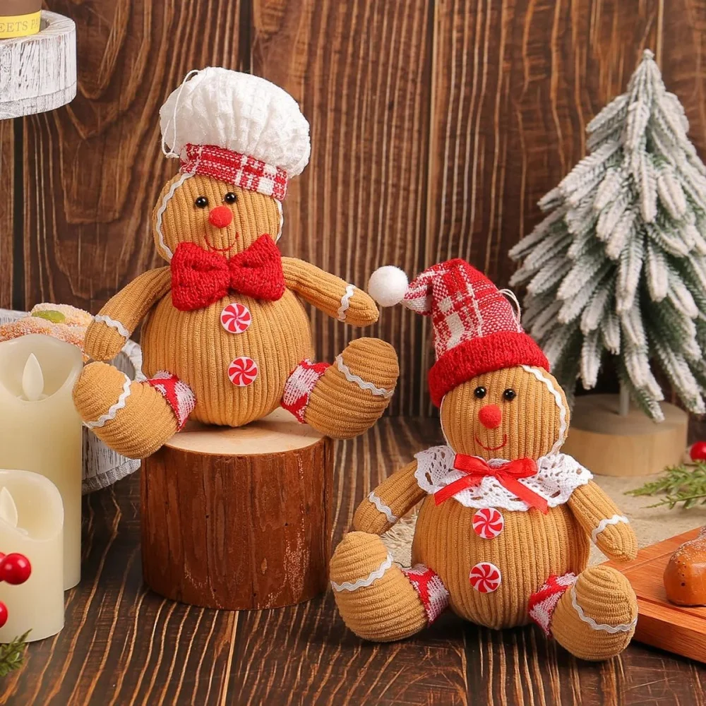 Corduroy Gingerbread Man Figurine with Chef or Santa Hat, Red Bow & Peppermint Buttons – Festive Christmas Desktop Decoration
