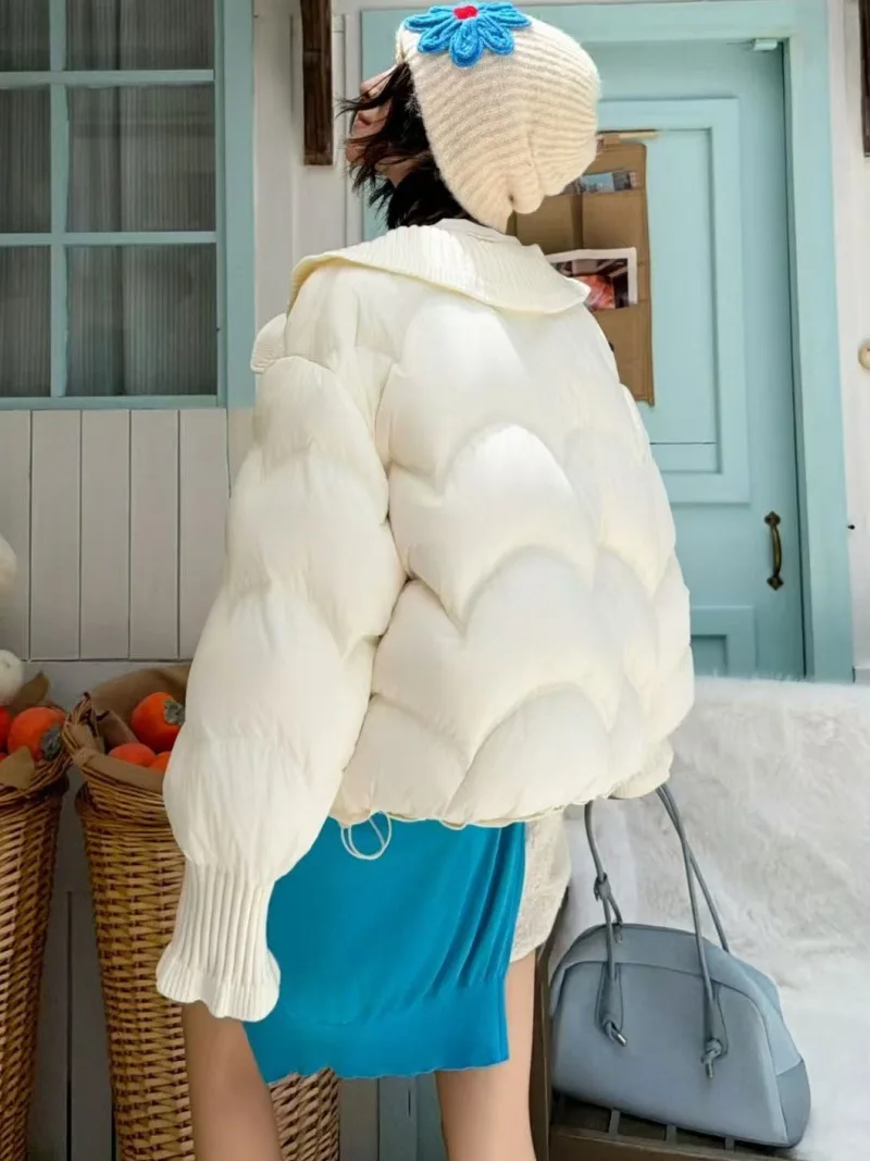 Winter Puff Knitted Splicing Down Jacket Women White Duck Down Big Lapel Outwears Female Fluffy Warm Thick Parker Bread Jacket