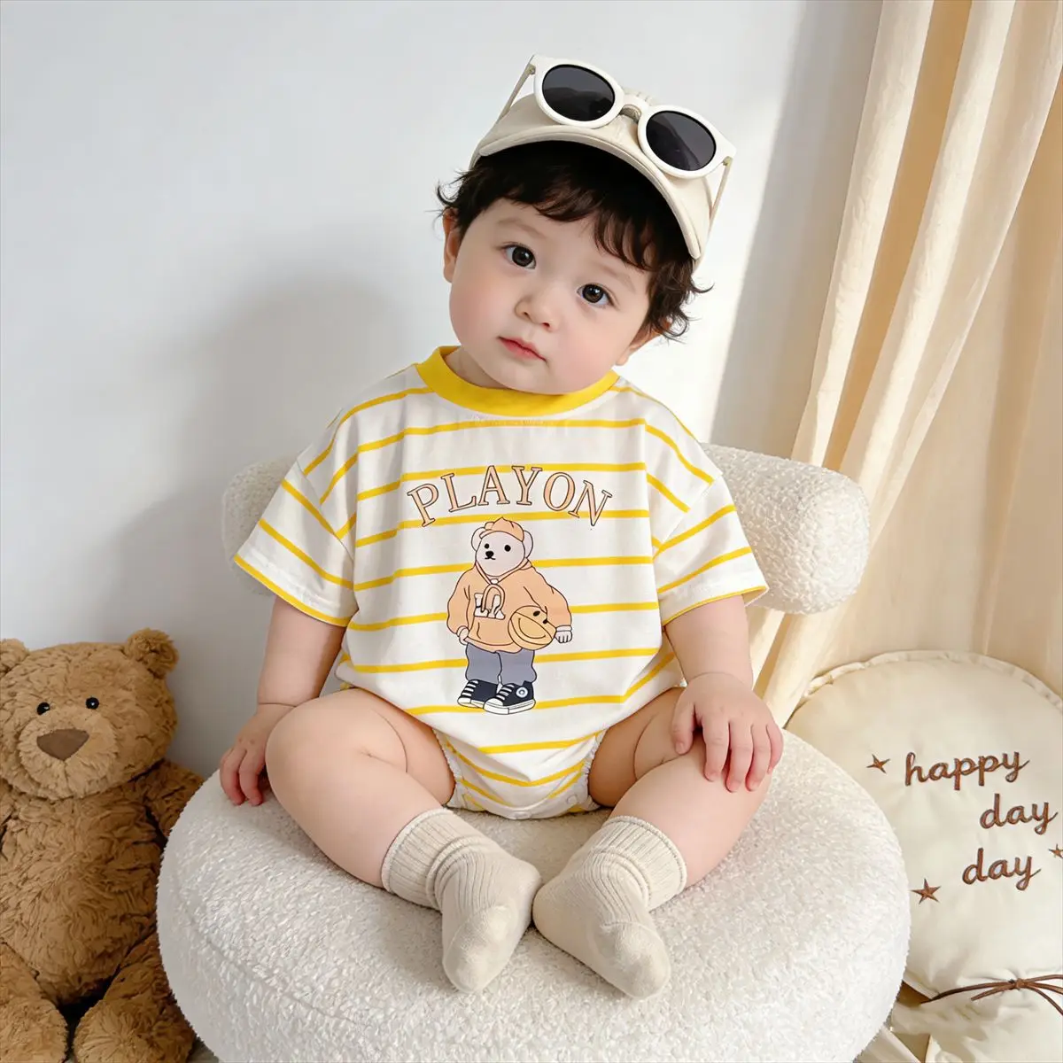 ZOETOPKID Infant Boys Newborn Girls Rompers Toddler Baby Short Sleeves Bear Print Bodysuit Kids Children Stripes Jumpsuit