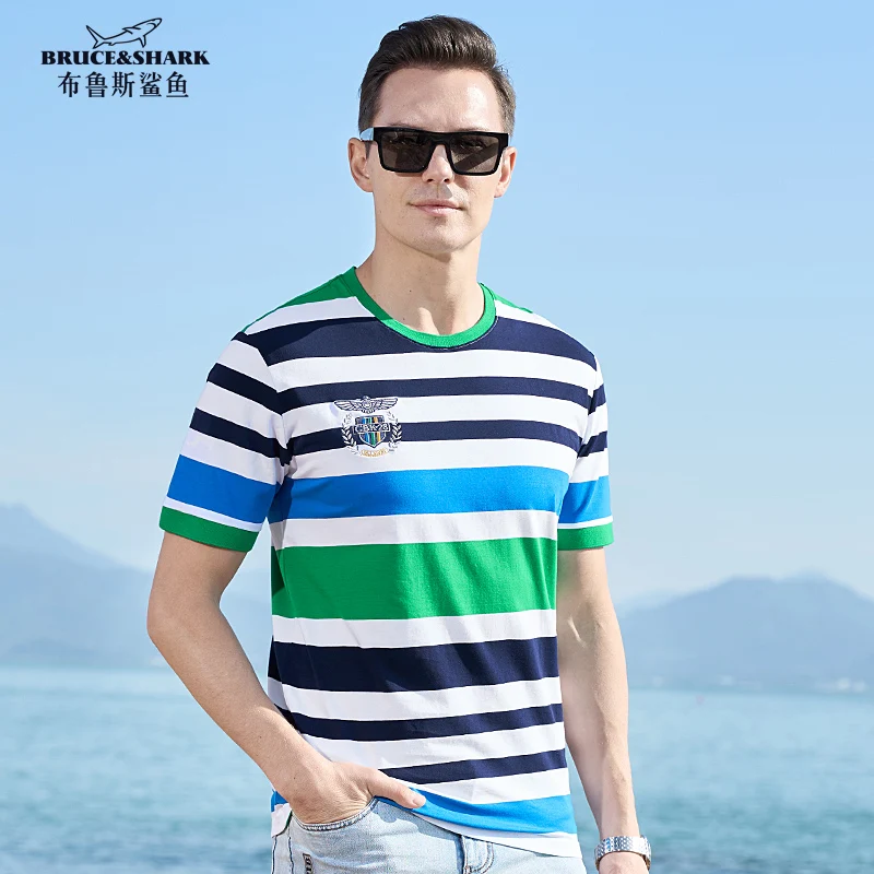 New Straight Men's T-Shirt Short Sleeved Round Neck Bruce&Shark Summer Causal Male stripe Tees Thin Stretch Cotton Big Size 4XL