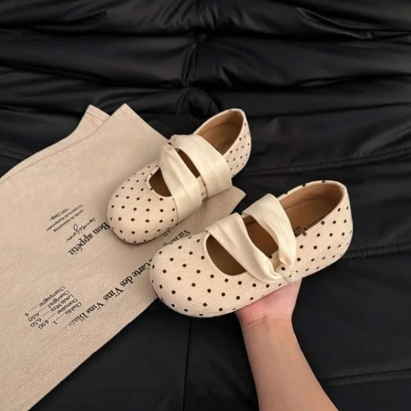 Women Polka Dot Mary Jane Flats, Twisted Satin Strap Round Toe French Retro Soft Sole Casual Ballet Shoes