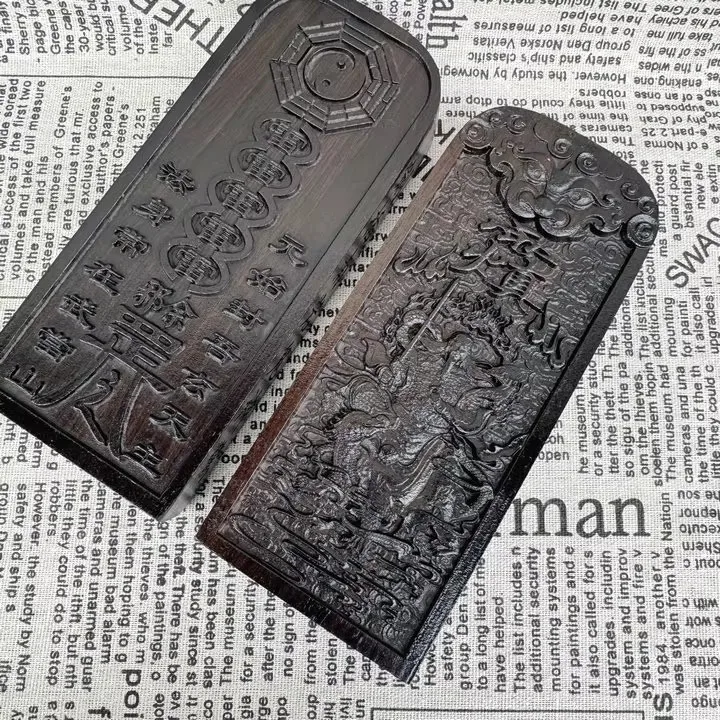 Imperador marcial verdadero finamente tallado de doble cara, ficha de pedido de cinco trueno, artículo cultural Dao de madera negra