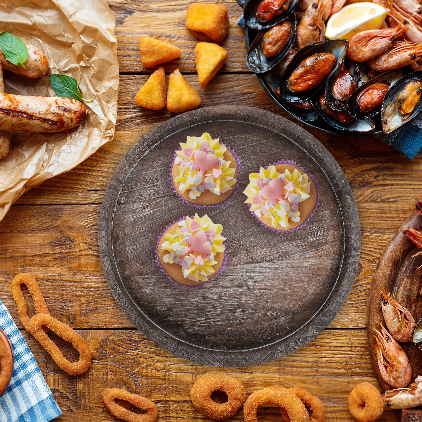 

2Pcs Wooden Round Trays Natural Wood Grain Decorative Centerpiece Serving Jewelry Display Organizer Tray for Home Decor