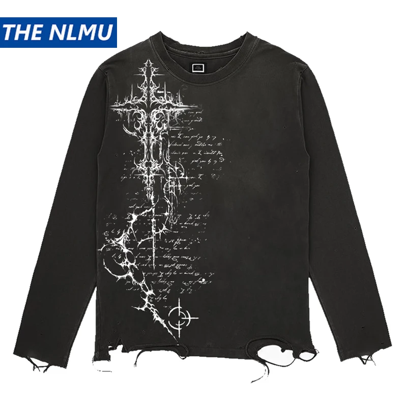 

Vintage Distressed Ripped Long Sleeve T-Shirt 2026 New Black Unisex Washed Punk Print 100% Cotton Loose Tee Top