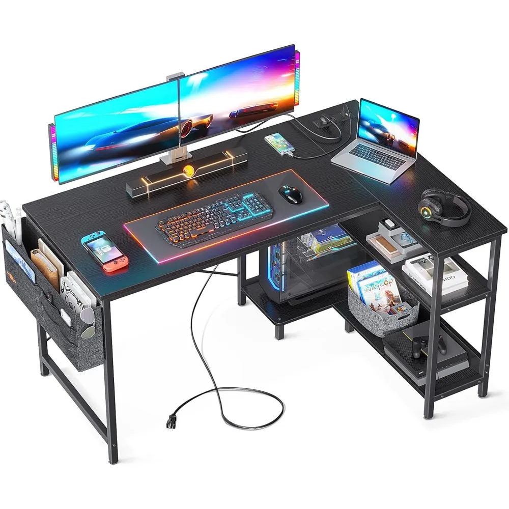 48 Inch Small L Shaped Gaming Computer Desk with Power Outlets, Reversible Storage Shelves & PC Stand for Home Office Black