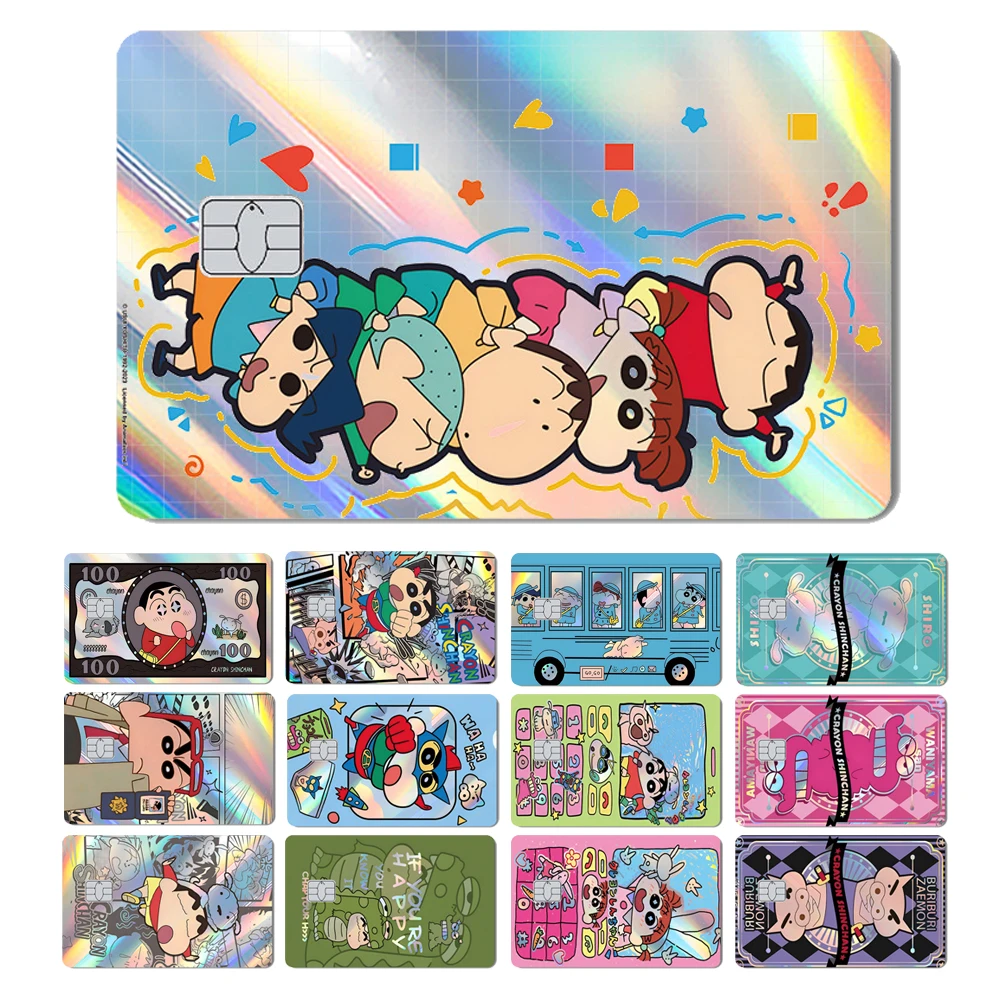 Tubarão mágico engraçado lápis shinchan ônibus estudantes laser holográfico adesivo frontal capa de pele para cartão de débito de banco de crédito