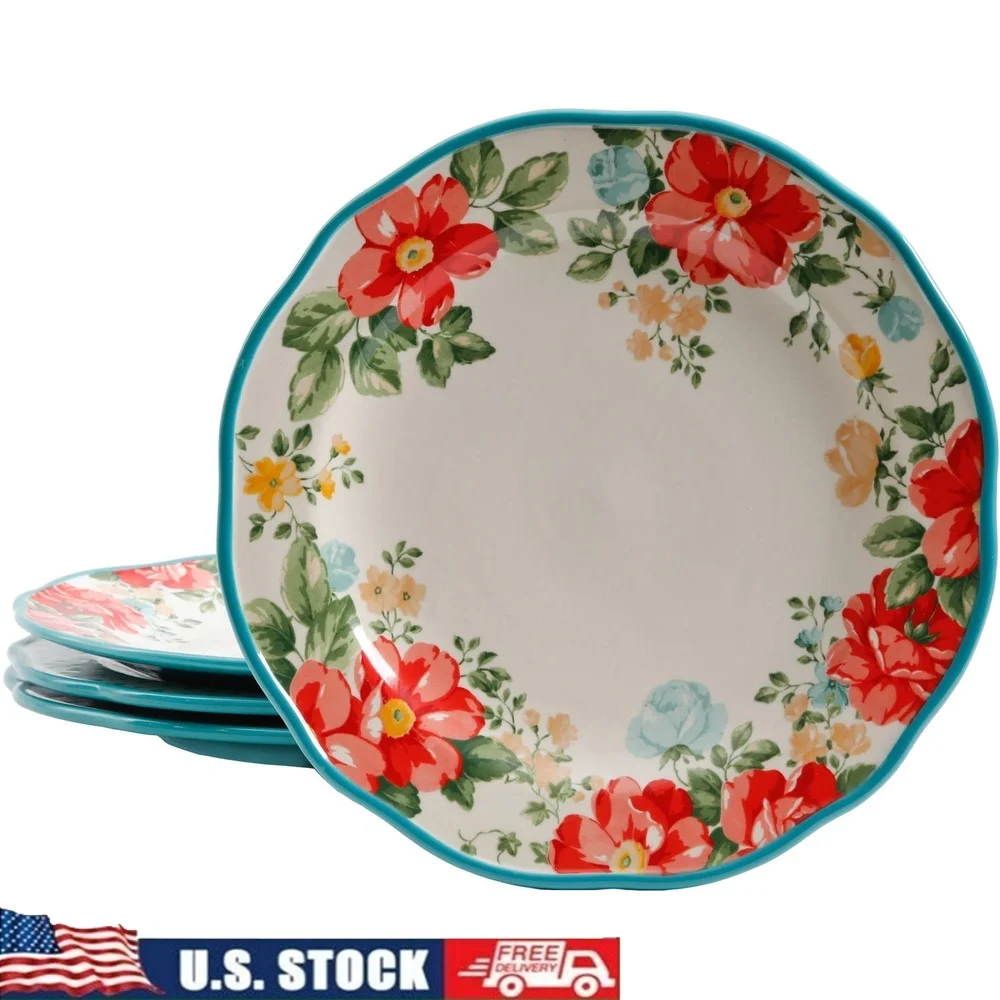 

Винтажный набор обеденных тарелок с цветочным принтом, 4 предмета, прочная керамогранит, зубчатые края, микроволновая печь, можно мыть в посудомоечной машине, идеальные сборки