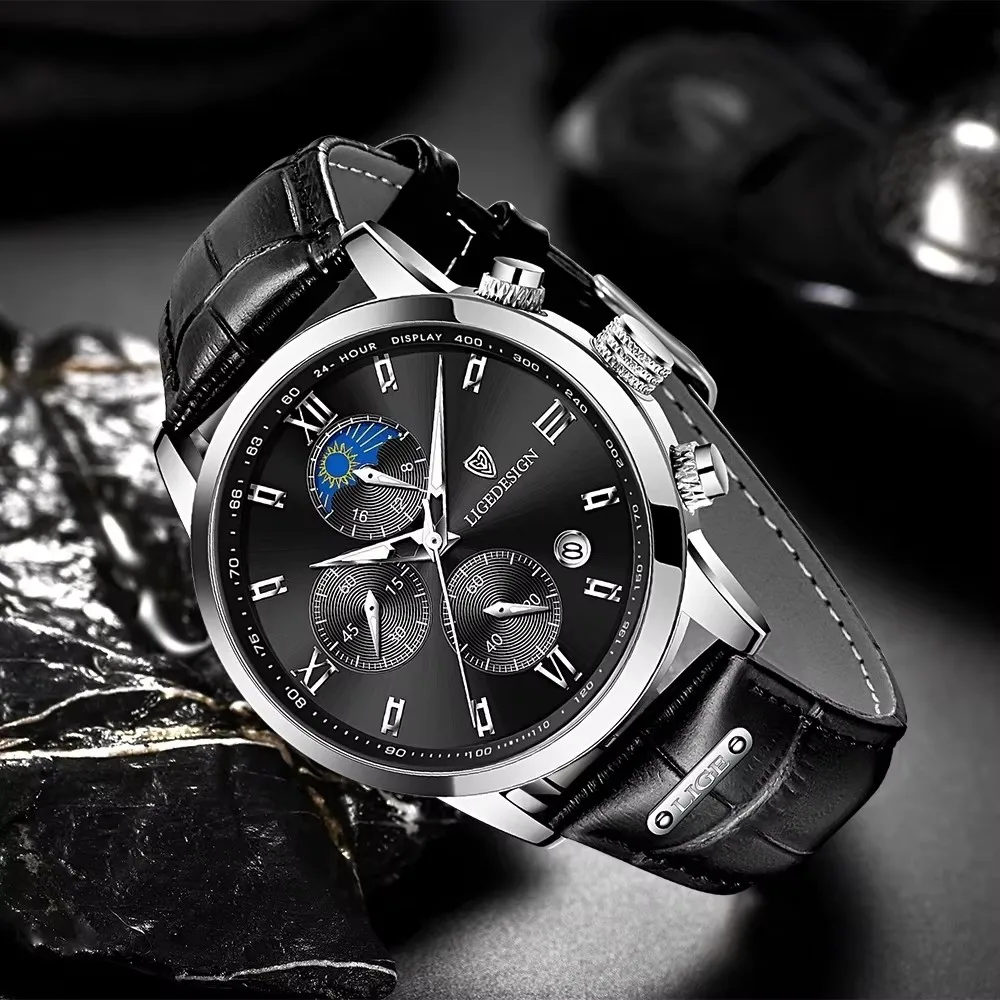LIGE 남성용 비즈니스 시계 브랜드 고급 가죽 남성 시계 방수 스포츠 쿼츠 크로노그래프 시계 남성용 렐로지오 마스쿨리노