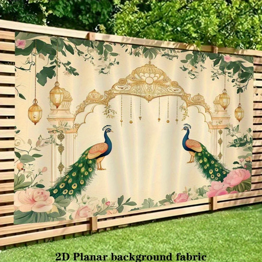Peacock Garden Scene With Floral Arch And Hanging Lanterns Background Cloth For Wedding Photo Booth