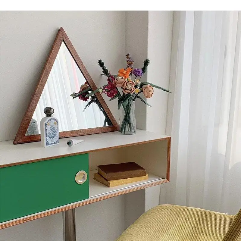 Bedroom Dresser Vanity Mirror Wall Mounted Desktop Imitation Wood Grain Metal Makeup Mirrors Decorative