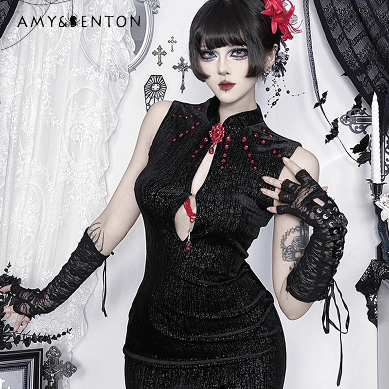 Gothic Dark Hot Girl Cheongsam Subculture Concert Women's Dress Original Design Sexy Hollow Out Sleeveless Long Dresses Ladies